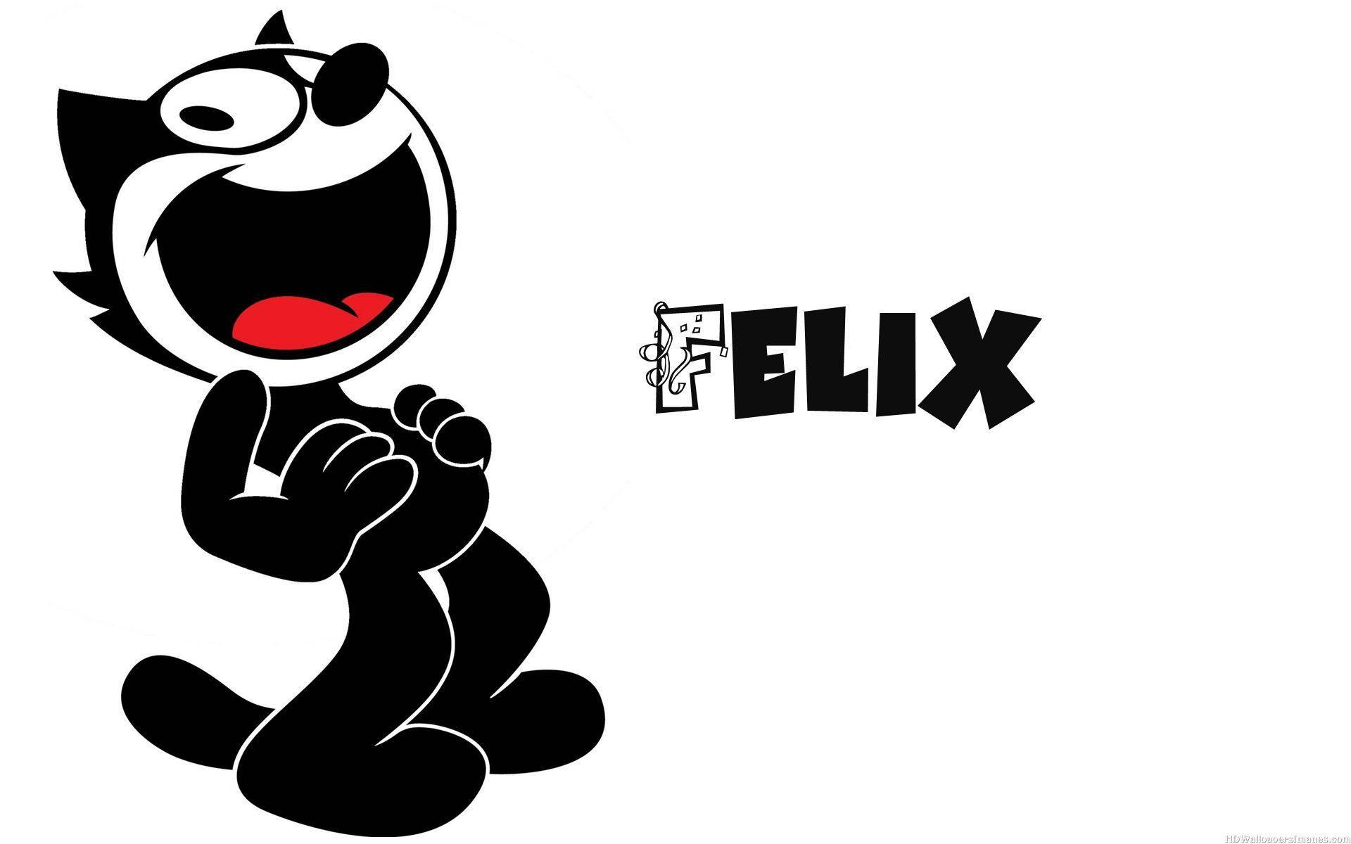 Felix 桌布 壁紙 — 一隻快樂的黑色卡通貓，有著寬闊的紅嘴巴和大眼睛，坐在粗體風格文字 Felix 名字旁邊。