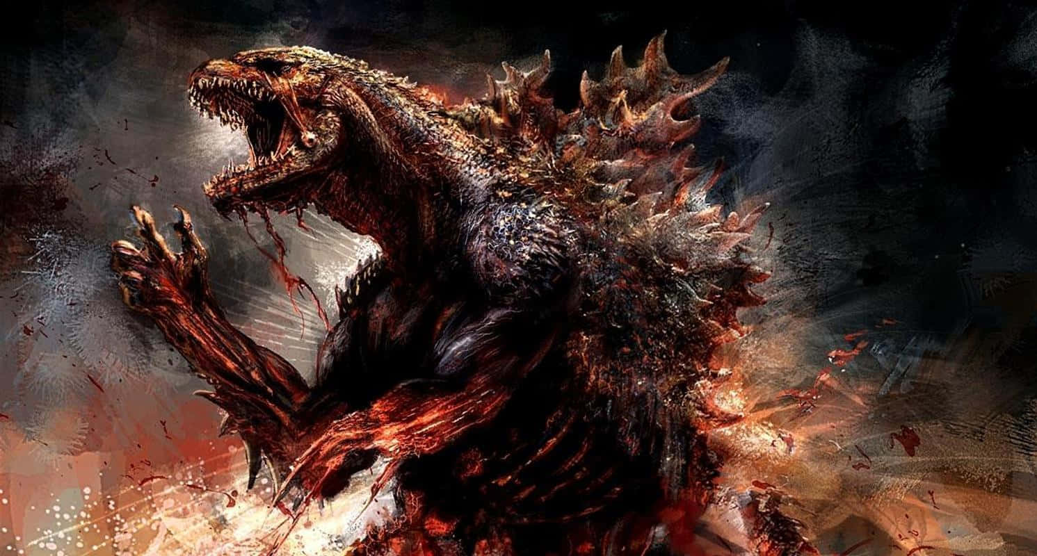 Burning Godzilla 桌布 壁紙 — 一隻怪獸哥吉拉咆哮著，血淋淋的爪子舉起，背景是黑暗煙霧瀰漫，帶有火橙色和紅色的飛濺。