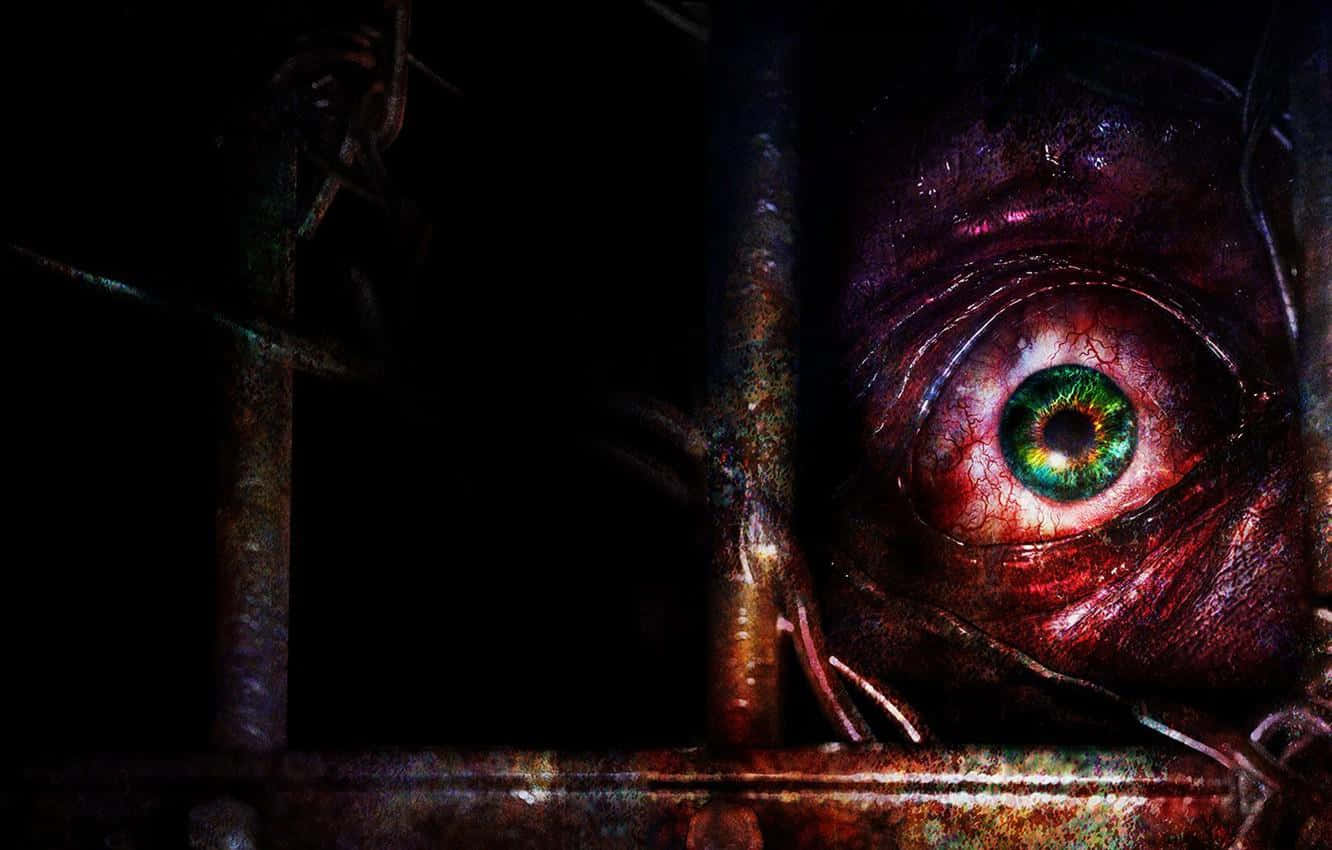 Resident Evil Revelations 2 桌布 壁紙 — 一隻怪異、佈滿血絲的眼睛，帶有充滿活力的綠色虹膜，在黑暗、不祥的環境中透過生鏽的金屬欄杆窺視。