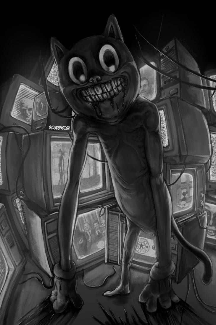 Cartoon Cat Scary 桌布 壁紙 — 一隻怪異的黑貓怪物咧嘴大笑，站在一個黑暗陰森的房間裡，周圍是破舊的復古電視機。
