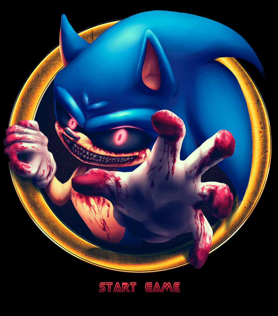 Sonic The Hedgehog 桌布 壁紙 — 一隻怪誕的藍色刺蝟，雙手沾滿鮮血，眼睛發出紅光，從金色圓環中撲出，背景為黑色。
