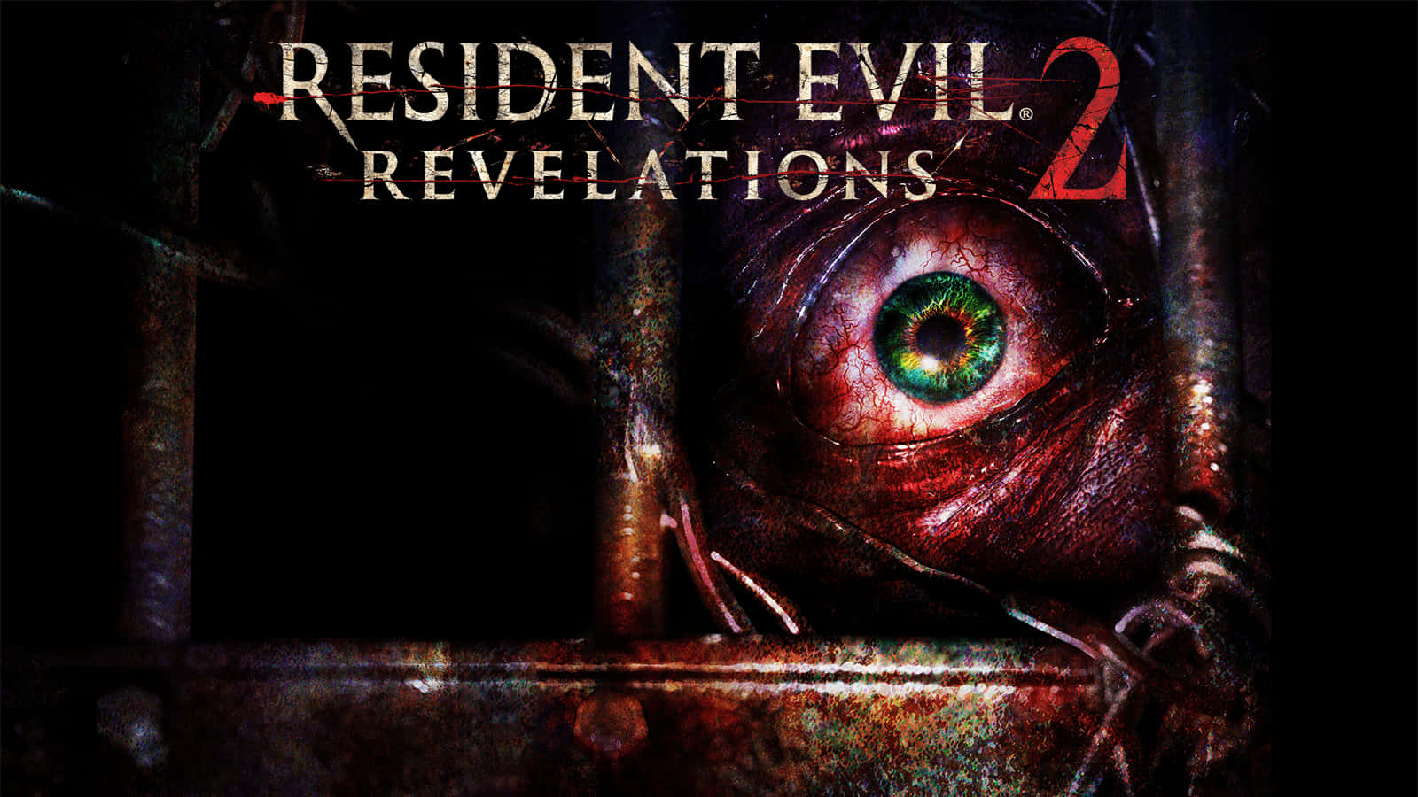 Resident Evil Revelations 2 桌布 壁紙 — 一隻恐怖、佈滿血絲的綠色眼睛，在黑暗恐怖遊戲封面中，透過生鏽的金屬欄杆窺視。