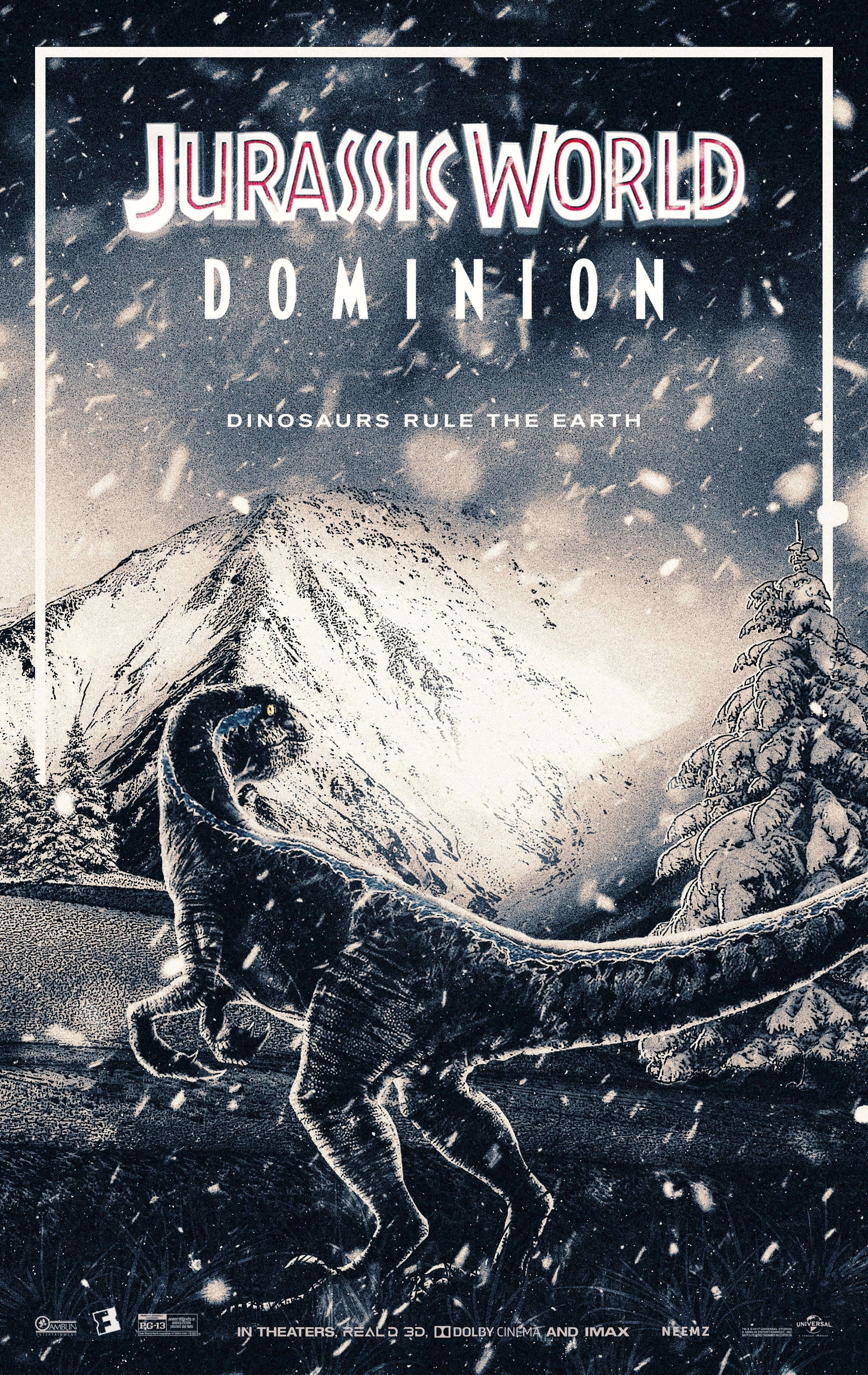 World 桌布 壁紙 — 一隻恐龍在落雪中走過雪山景觀，上方有「Jurassic World Dominion」文字。