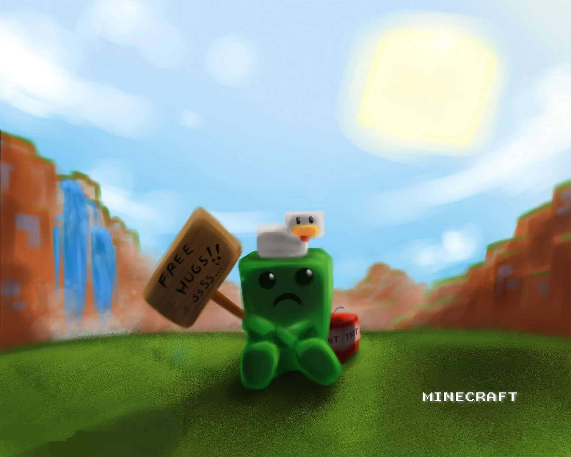 Minecraft Fan Art 桌布 壁紙 — 一隻悲傷的綠色Minecraft苦力怕，頭上有一隻鴨子，在陽光明媚的草地上舉著「FREE HUGS!!」的牌子。