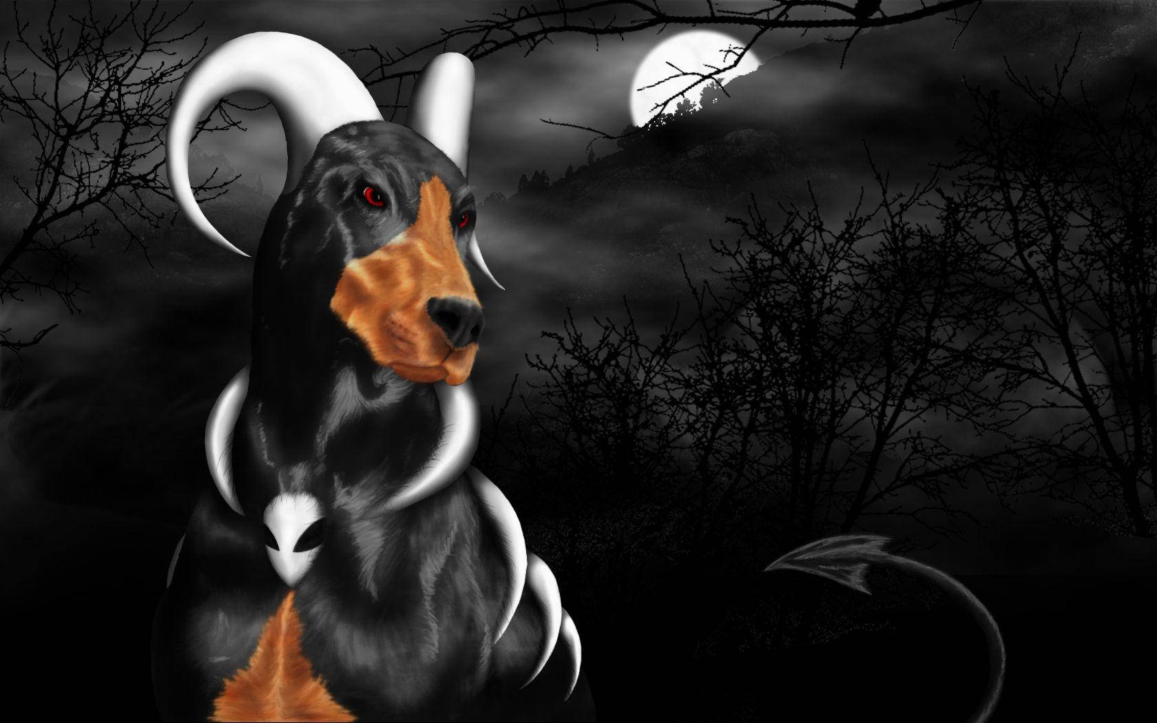 寶可夢 桌布 壁紙 — 一隻惡魔臘腸犬，擁有發光的紅眼睛和白色角，站在滿月下的恐怖森林中。