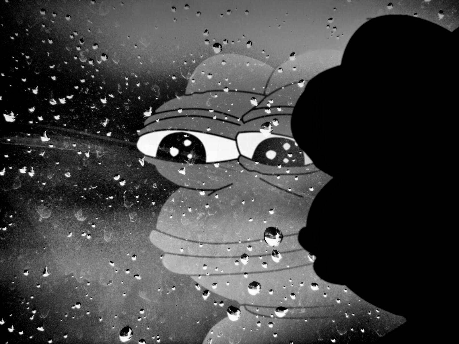 meme 桌布 壁紙 — 一隻憂鬱的Pepe the Frog透過佈滿雨點的窗戶凝視，旁邊有一個黑色剪影。