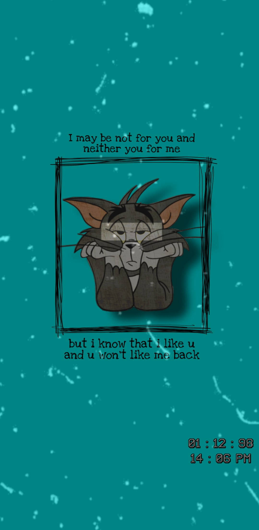 Sad Quotes 桌布 壁紙 — 一隻憂鬱的卡通貓閉著眼睛，用爪子蓋著臉，坐在一個粗糙的素描框內，背景是帶有白色斑點和手寫文字的青色背景。