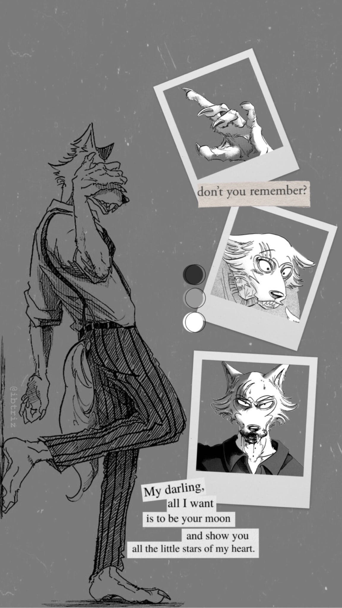 獸星 桌布 壁紙 — 一隻憂鬱的擬人化狼以素描風格站在浮動的拍立得照片旁邊，照片上有文字和色票，背景是帶紋理的灰色。