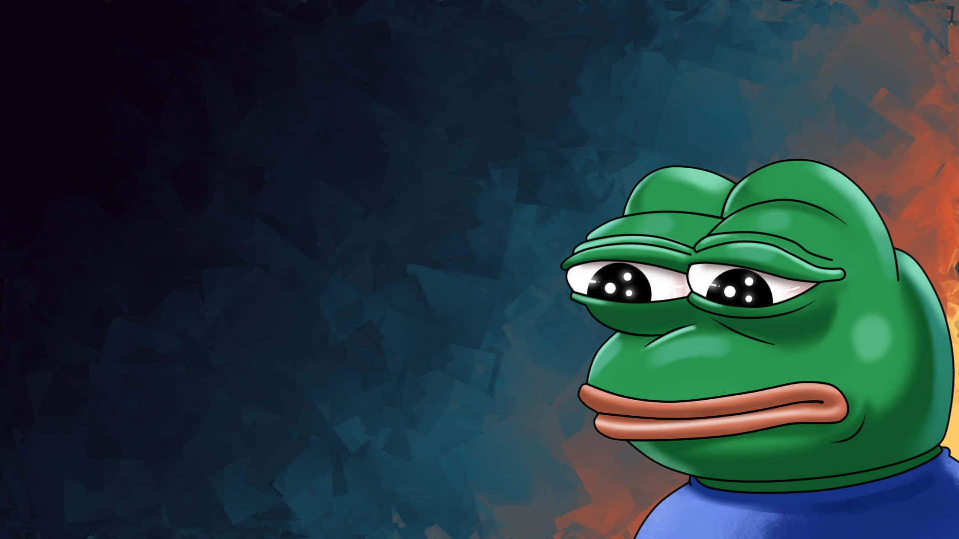 meme 桌布 壁紙 — 一隻憂鬱的綠色青蛙，眼睛下垂，穿著藍色襯衫，在深色抽象背景前。