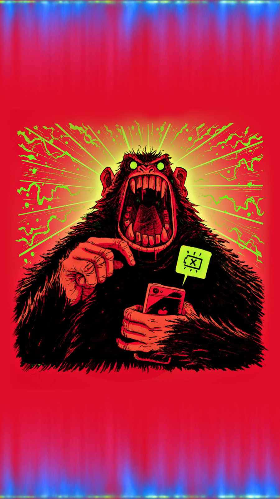 Monkey iPhone 桌布 壁紙 — 一隻憤怒的卡通大猩猩在鮮豔的紅藍漸變背景前，拿著一部帶有發光綠色通知的電話尖叫。