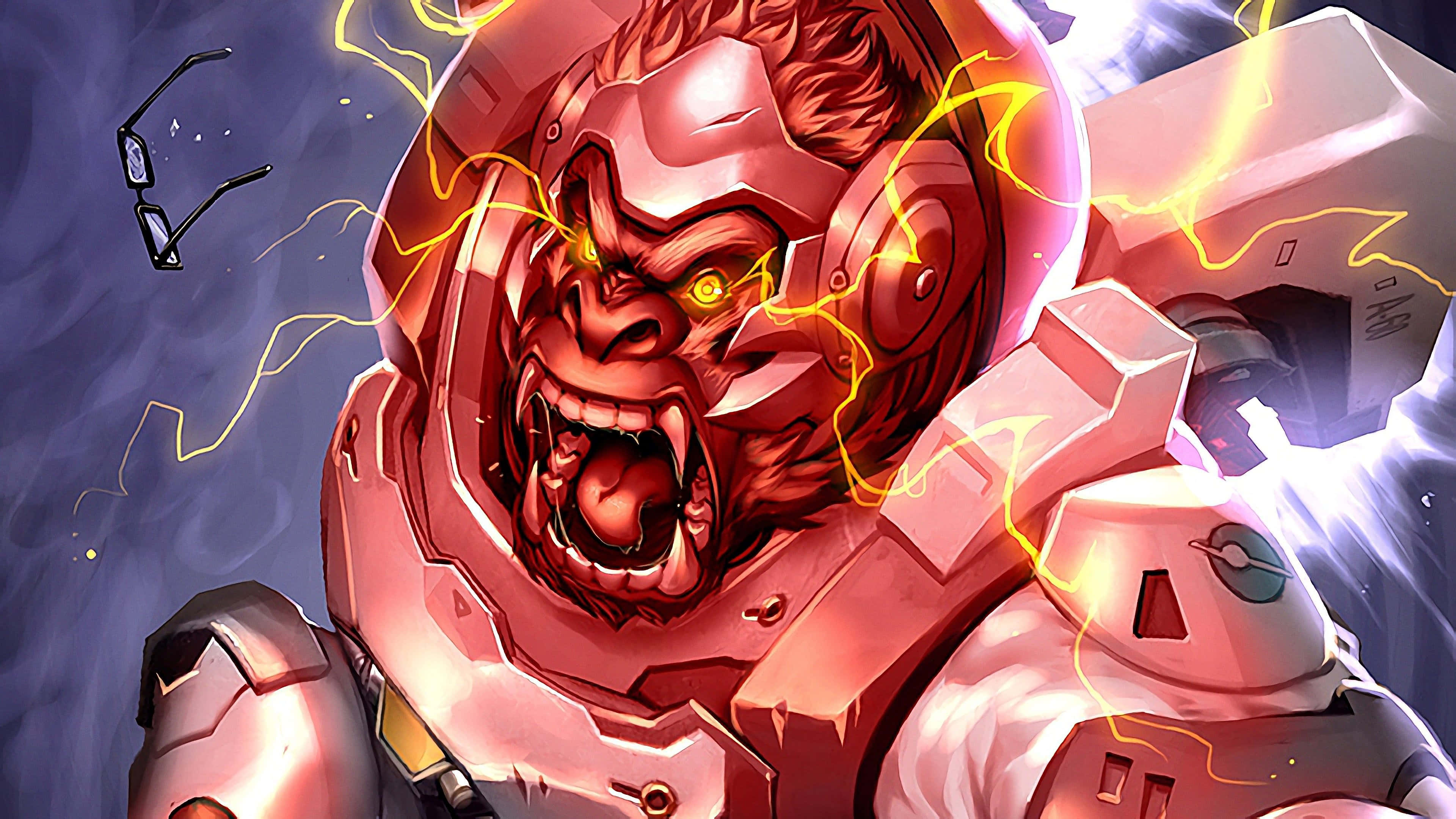 Overwatch Winston 桌布 壁紙 — 一隻憤怒的紅色裝甲大猩猩咆哮著，電能在其頭盔頭部和機械肢體周圍劈啪作響。