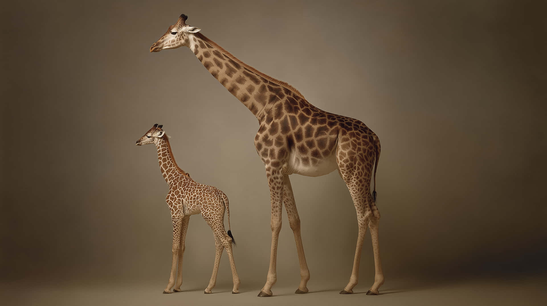 Graceful Giraffe and Calf in Neutral-Toned Studio Setting 壁紙 — 一隻成年長頸鹿和牠的幼崽並肩站立在柔和的棕色攝影棚背景前。