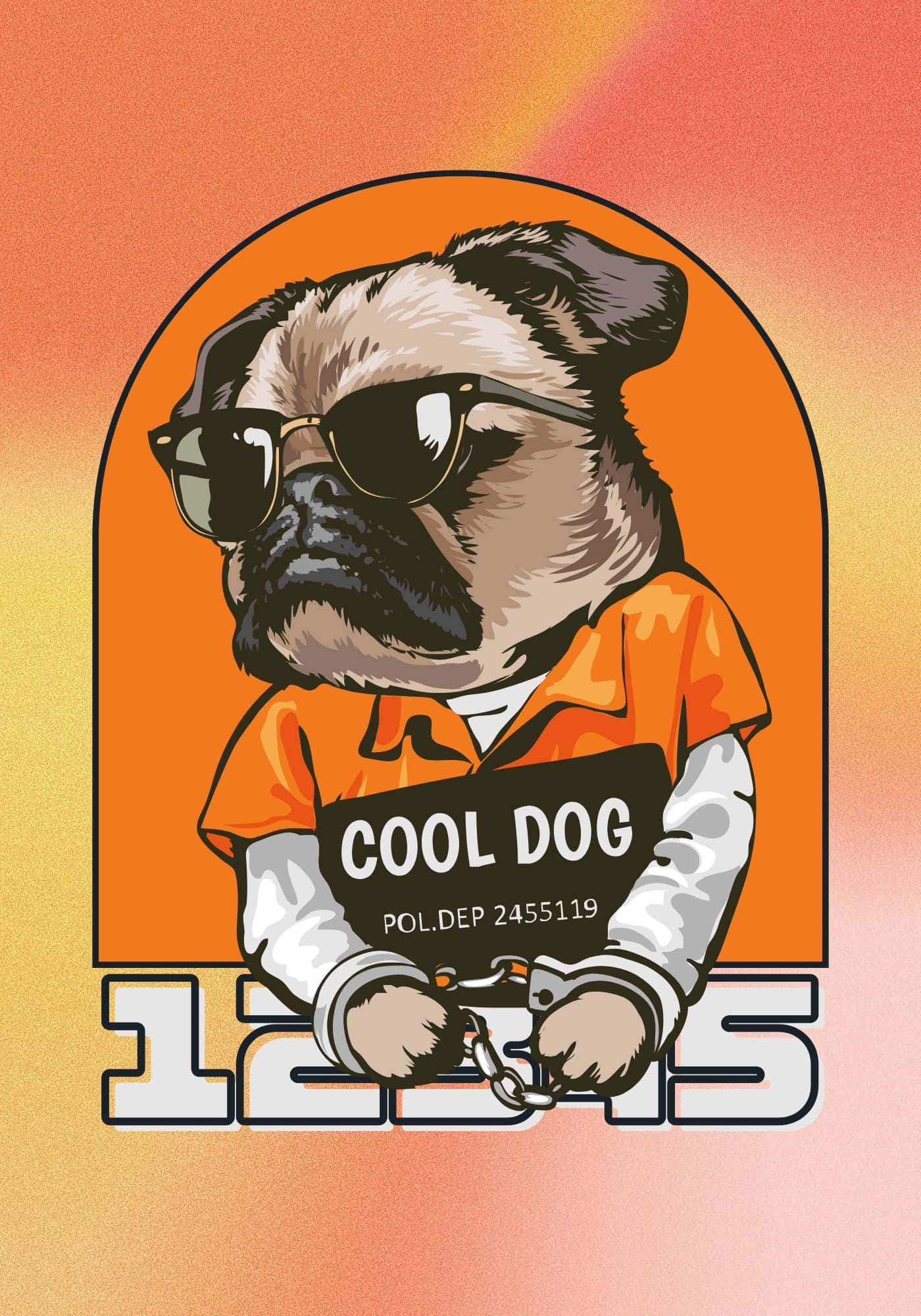Dog Meme 桌布 壁紙 — 一隻戴太陽眼鏡、身穿橙色監獄連身衣、戴著手銬的酷八哥犬，自信地站在溫暖的漸變背景前。