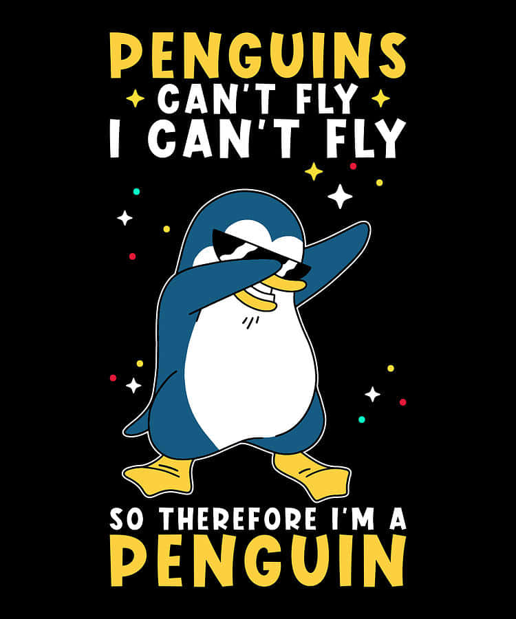Penguin Funny 桌布 壁紙 — 一隻戴太陽眼鏡的卡通企鵝在黑色背景上擺出 dab 姿勢，背景有彩色星星和粗體文字。