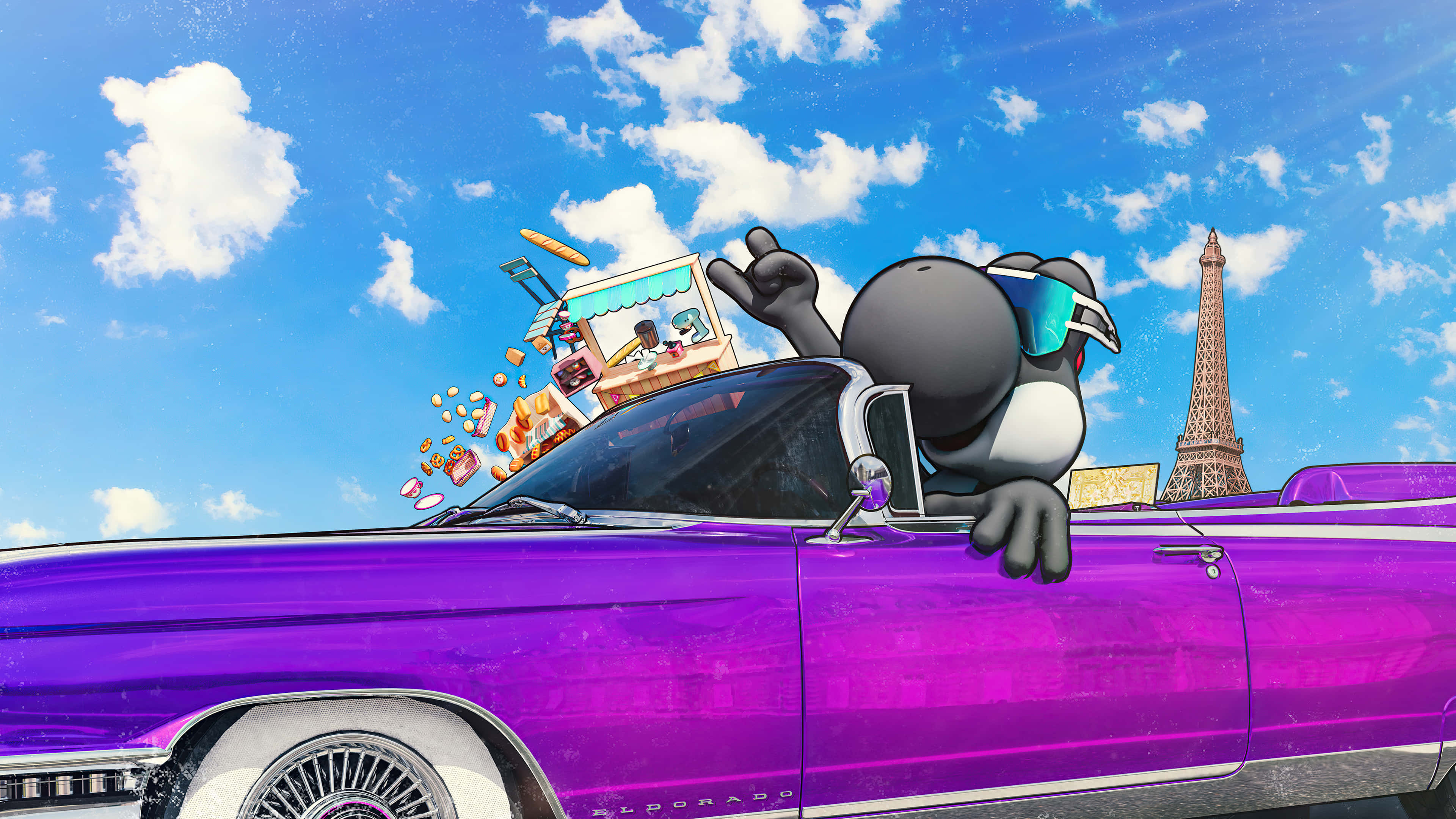 Yoshi 桌布 壁紙 — 一隻戴太陽眼鏡的卡通企鵝坐在紫色敞篷車的乘客座位上，在明亮的藍天下駛過艾菲爾鐵塔。