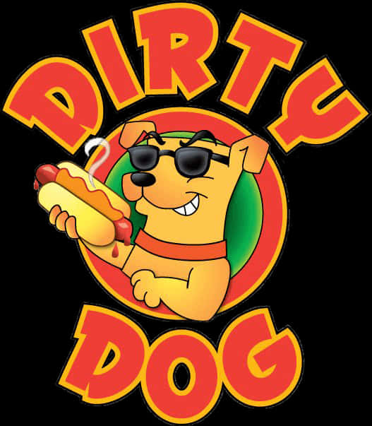 Hot Dog 桌布 壁紙 — 一隻戴太陽眼鏡的卡通狗自豪地拿著一個冒煙的熱狗，上面有番茄醬滴落，背景是一個大膽的紅、黃、綠圓形標誌。