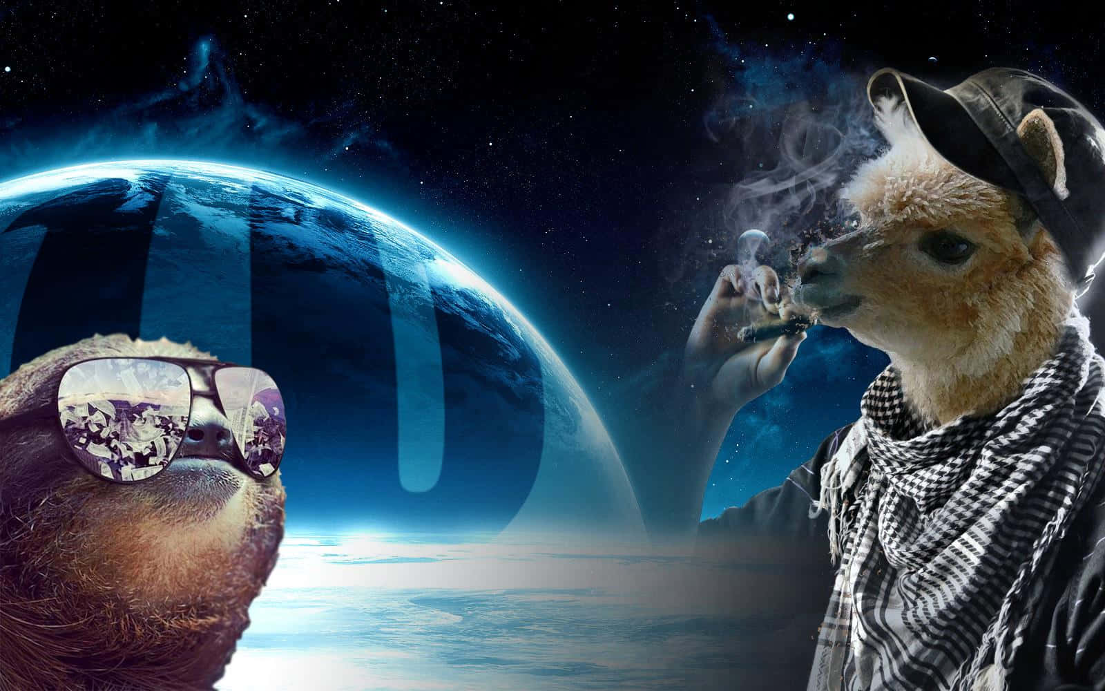 動物 桌布 壁紙 — 一隻戴太陽眼鏡的樹懶和一隻戴帽子的羊駝在太空中，對著發光的藍色地球抽大麻煙。