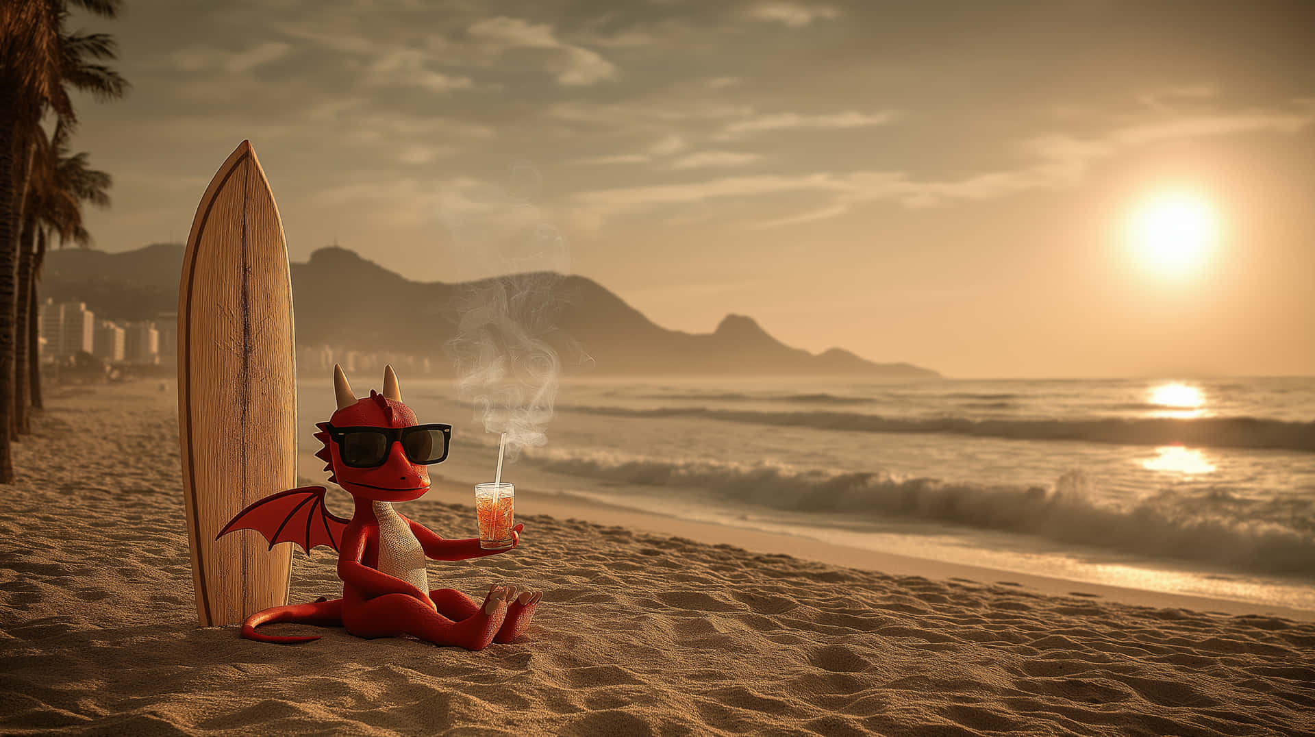 Dragon Enjoying a Refreshing Drink on a Sunny Beach 壁紙 — 一隻戴太陽眼鏡的紅色卡通龍在金色日落時分的沙灘上，在衝浪板旁邊啜飲飲料。