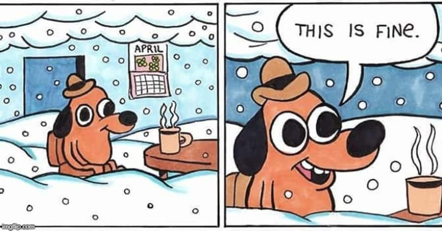 狗 桌布 壁紙 — 一隻戴帽子的卡通狗在雪中微笑，旁邊有一杯冒熱氣的杯子，宣稱「沒關係」，外面正下著雪。