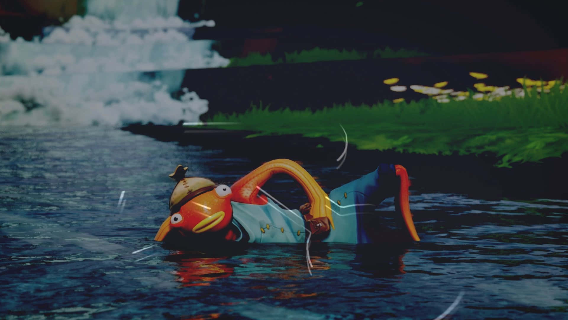 Fortnite Skins 桌布 壁紙 — 一隻戴帽子的卡通鳥在黑暗的水中倒立漂浮，靠近長有黃色花朵的草岸。
