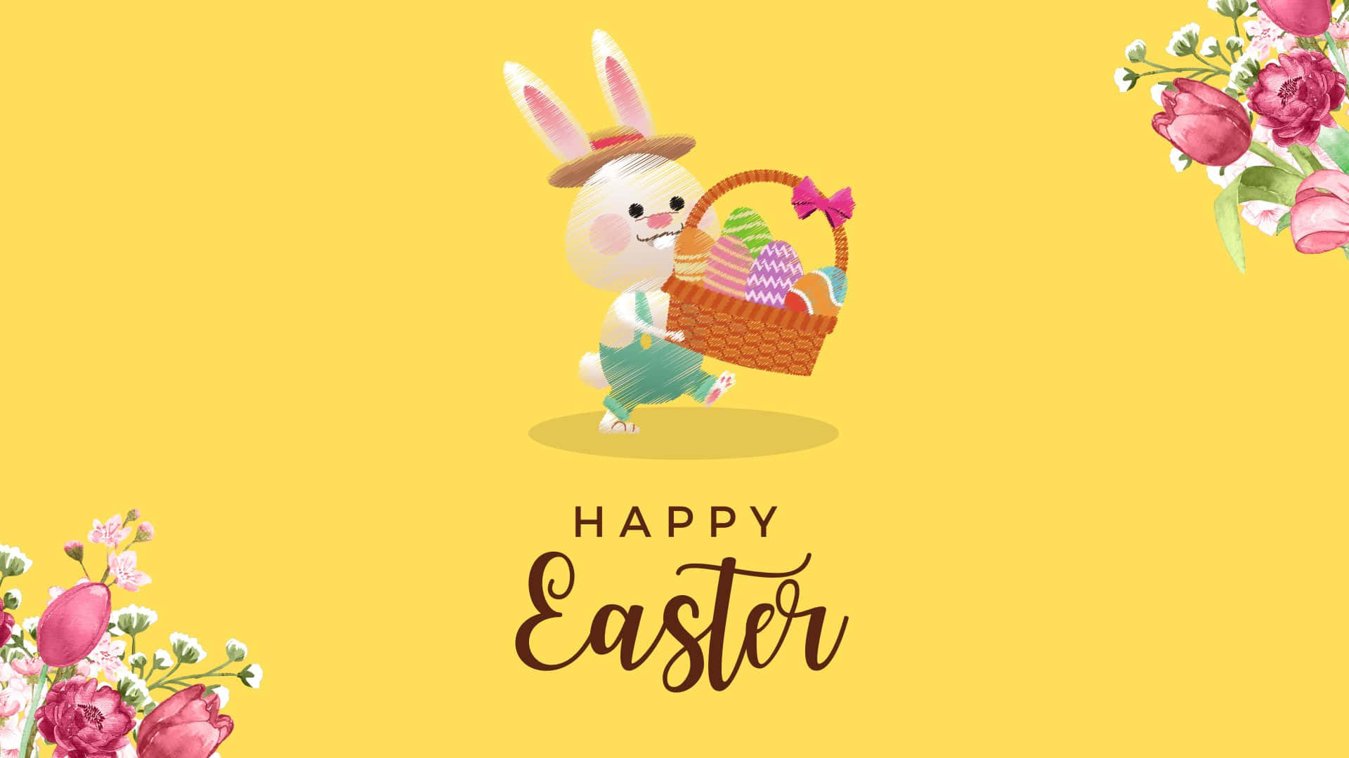 Easter Bunny 桌布 壁紙 — 一隻戴帽子的快樂卡通兔子，提著一籃色彩繽紛的蛋，背景是亮黃色和粉紅色的花朵。