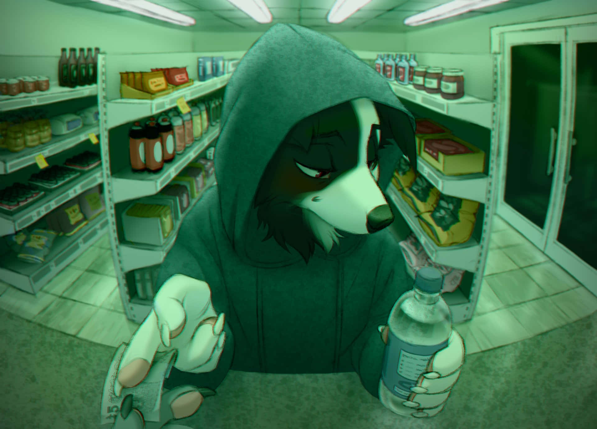 獸人 桌布 壁紙 — 一隻戴帽的擬人狗在燈光昏暗的便利商店內，手持一瓶飲料和現金，表情緊張。