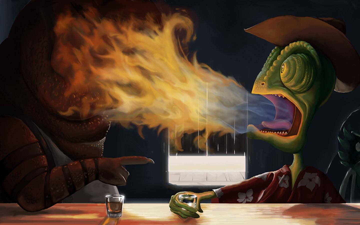 Cowboy 桌布 壁紙 — 一隻戴帽穿和服的綠色變色龍，在一張放有烈酒杯的木桌上，向一隻大型棕色生物噴火。