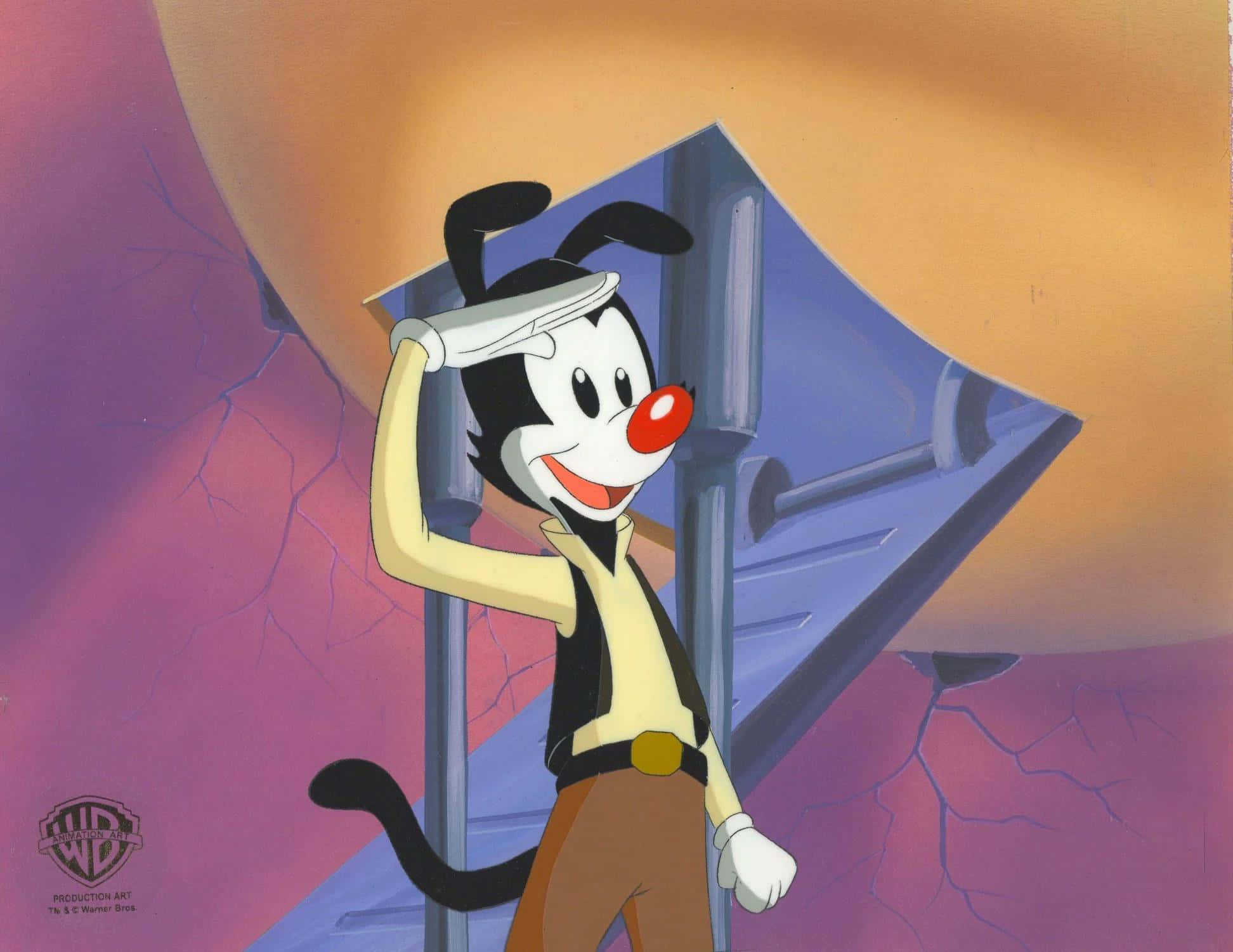 Animaniacs 桌布 壁紙 — 一隻戴水手帽的快樂卡通狗在藍色金屬結構旁敬禮，背景是裂開的紫色和橙色天空。