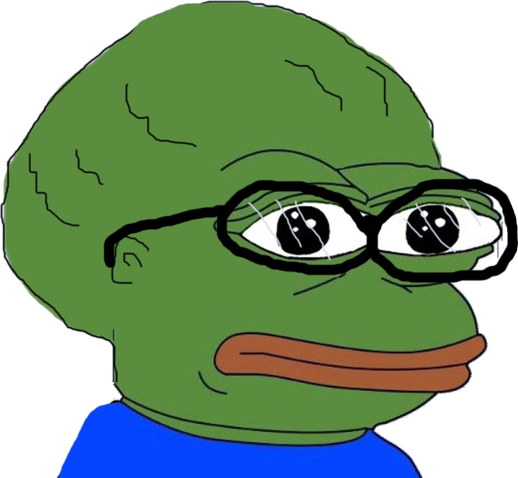 pepe frog 桌布 壁紙 — 一隻戴眼鏡、穿著藍色襯衫的卡通青蛙在黑色背景下專注地凝視。