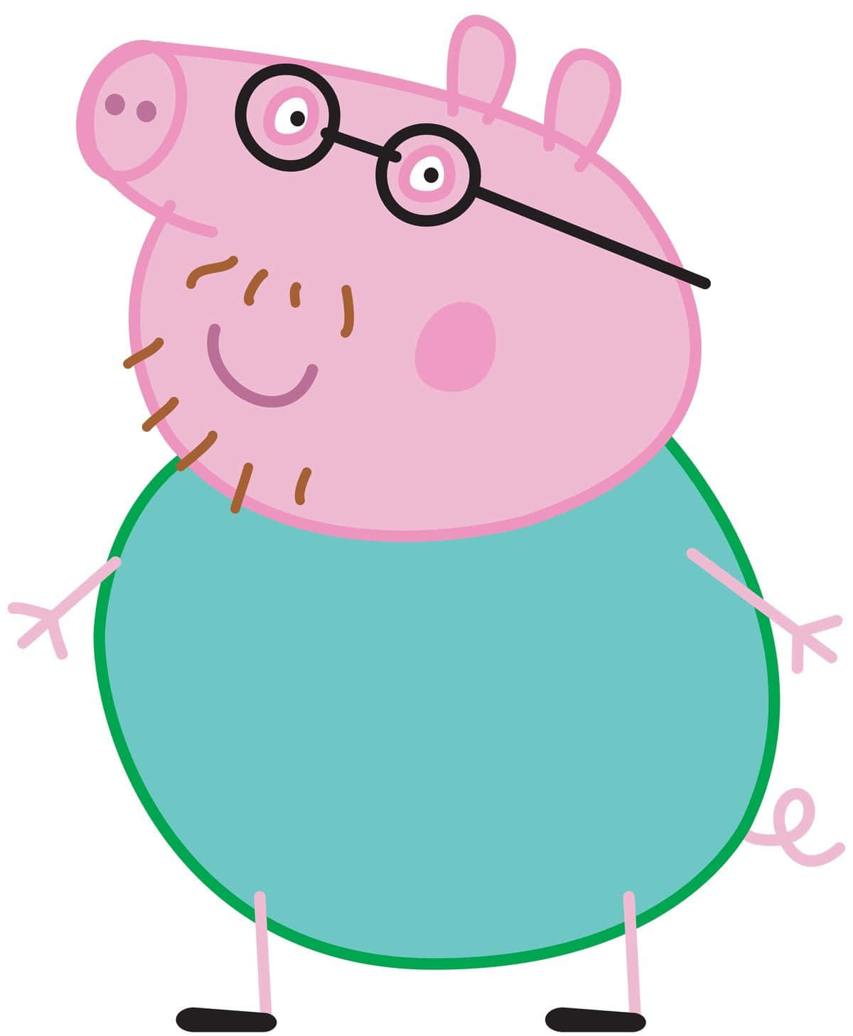 Peppa Pig Family 桌布 壁紙 — 一隻戴眼鏡、穿青綠色襯衫的開心粉紅色卡通豬，在白色背景上微笑。