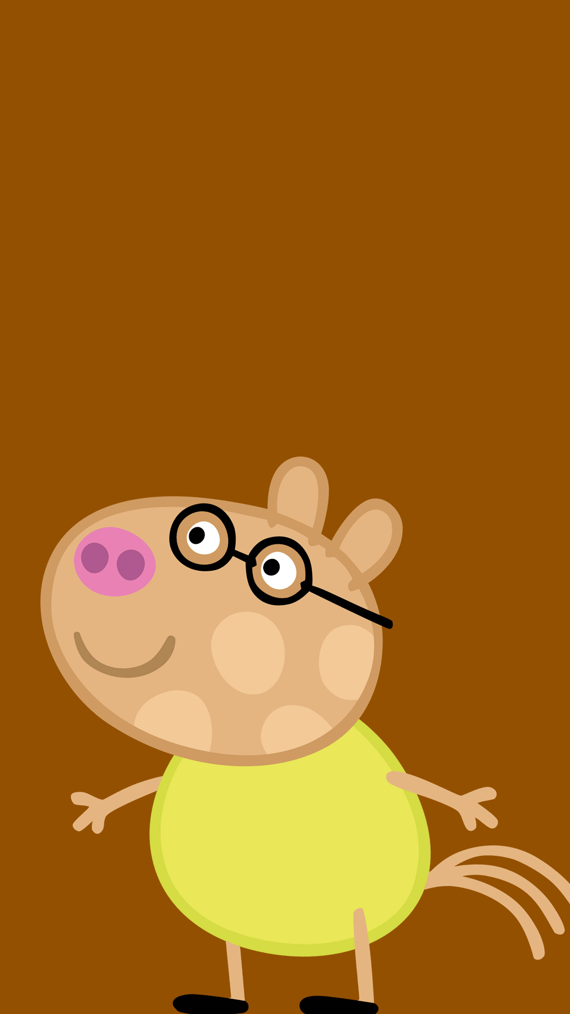 Peppa 桌布 壁紙 — 一隻戴眼鏡、穿黃色襯衫的快樂卡通豬站在純棕色背景前。