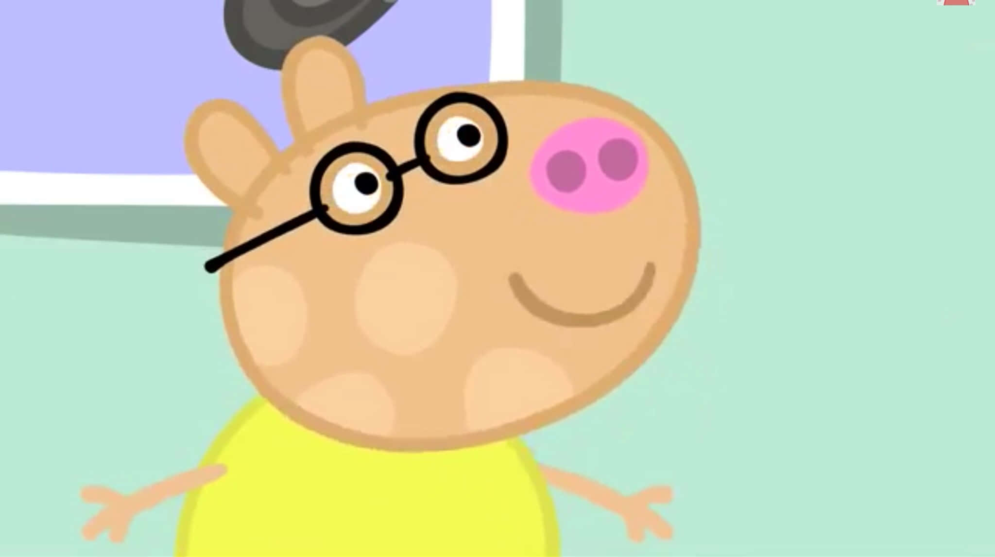 Pedro Pony 桌布 壁紙 — 一隻戴眼鏡、穿黃色襯衫的快樂卡通豬，在柔和的青綠色背景上溫暖地微笑。