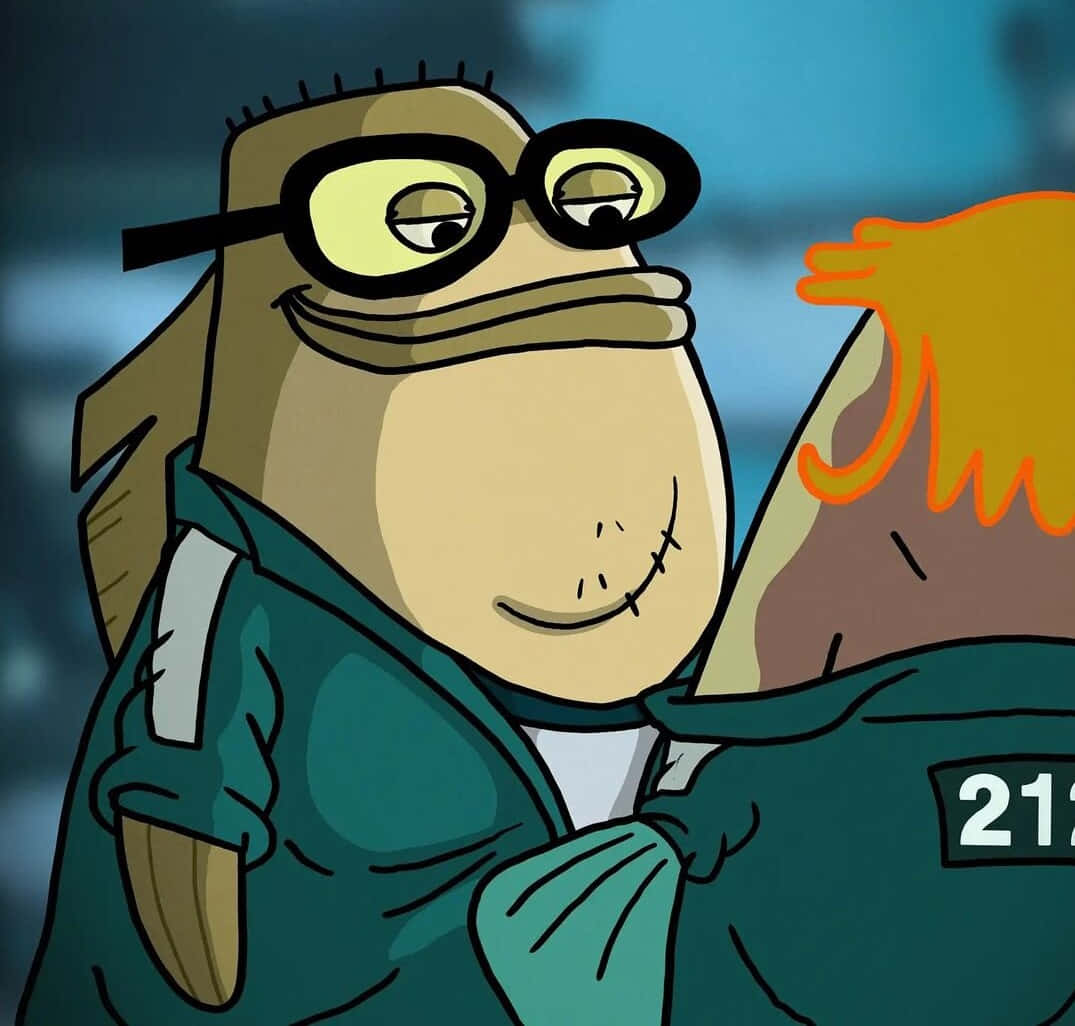 Bubble Bass 桌布 壁紙 — 一隻戴眼鏡、縫著笑容的卡通青蛙穿著青綠色外套，擁抱著另一個橙色頭髮的角色。