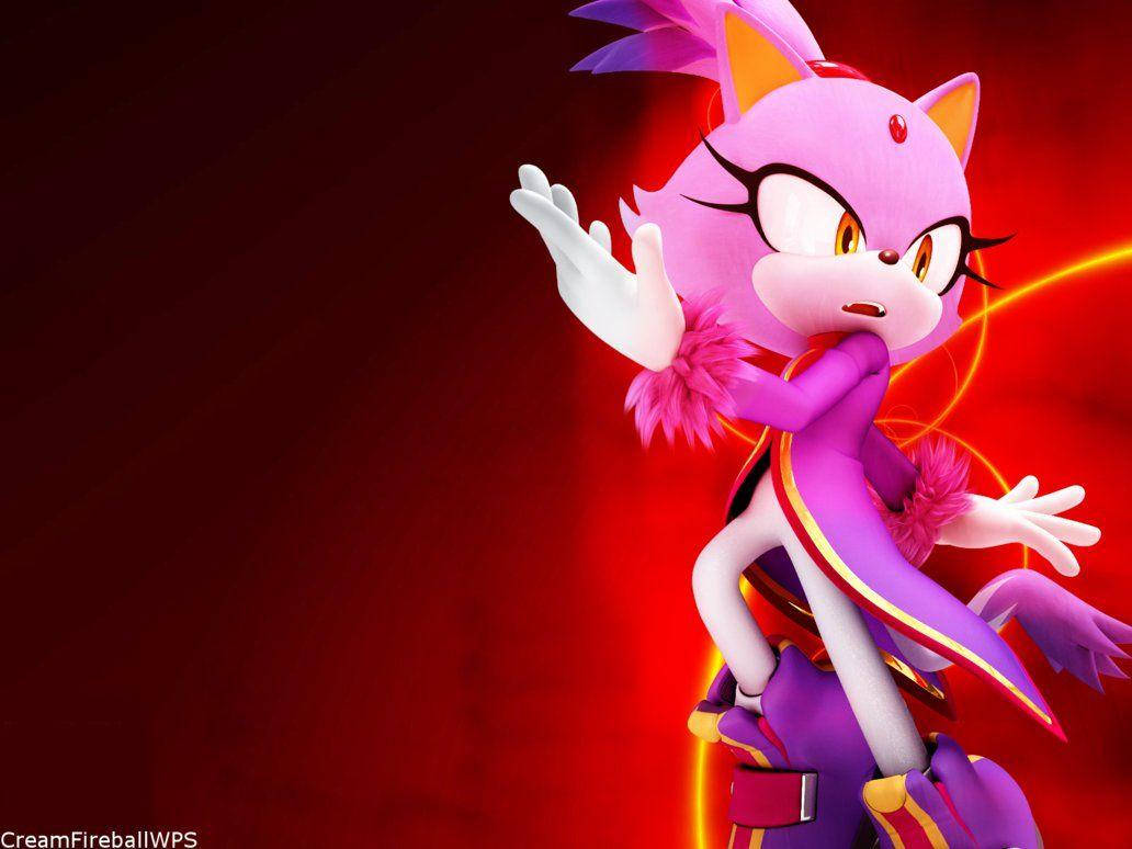 Blaze The Cat 桌布 壁紙 — 一隻戴眼鏡、身穿紫色服裝的兇猛粉紅色刺蝟，在發光的紅色背景前動態地擺姿勢。