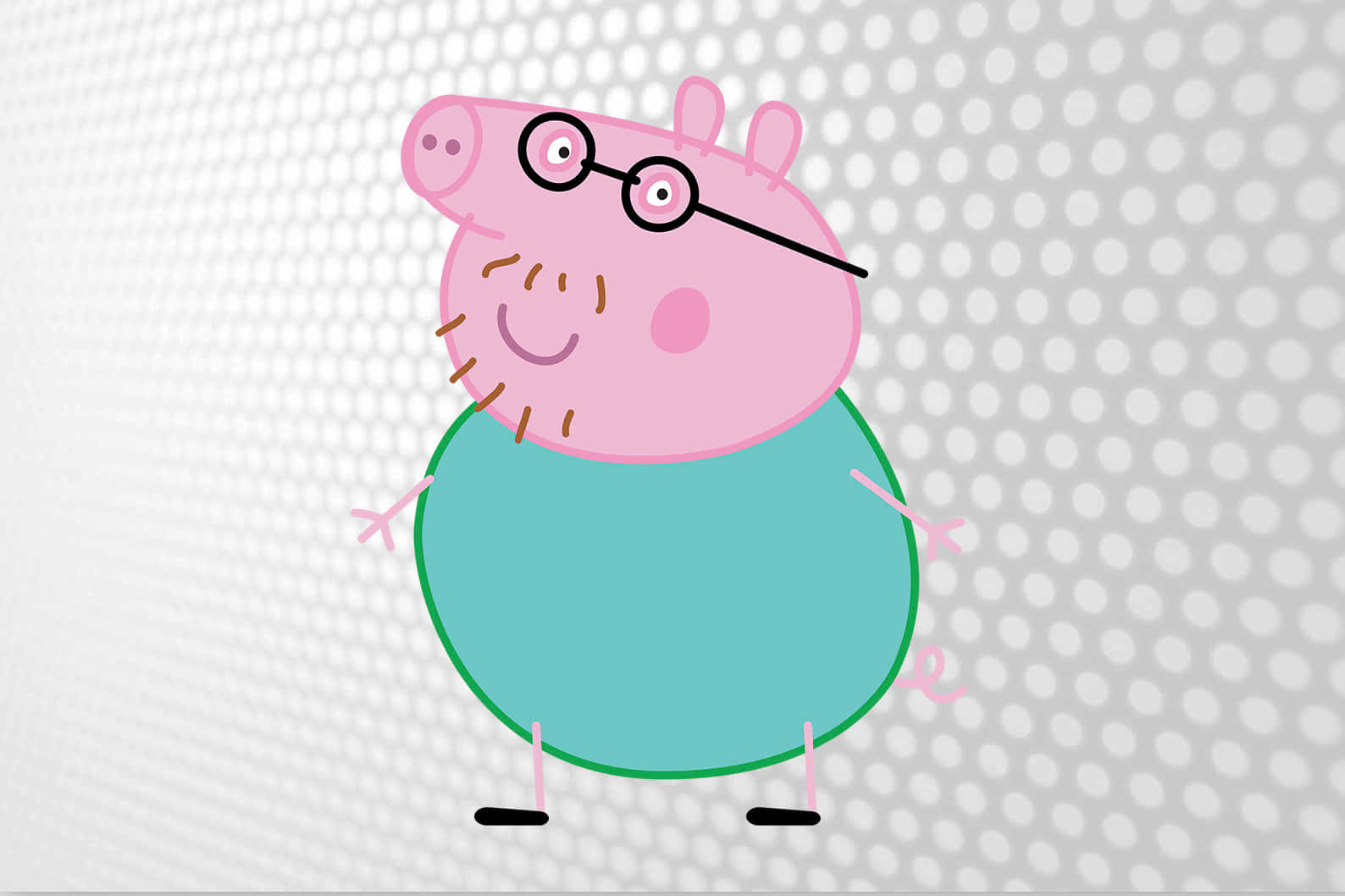 Daddy Pig 桌布 壁紙 — 一隻戴眼鏡、身穿青綠色襯衫的開心粉紅色卡通豬，站在灰色圓點背景前。