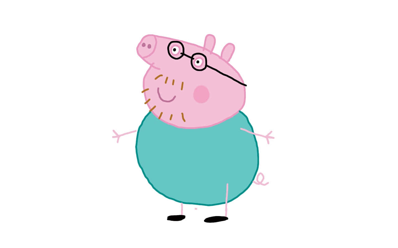 Daddy Pig 桌布 壁紙 — 一隻戴眼鏡、身穿青綠色襯衫的開心卡通豬，站在純白色背景前。