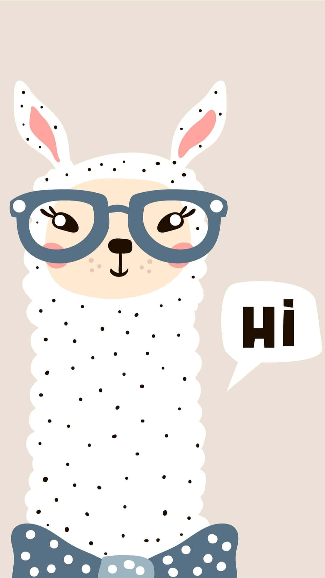 llama 桌布 壁紙 — 一隻戴眼鏡和蝴蝶結的可愛卡通羊駝在柔和米色背景上打招呼。