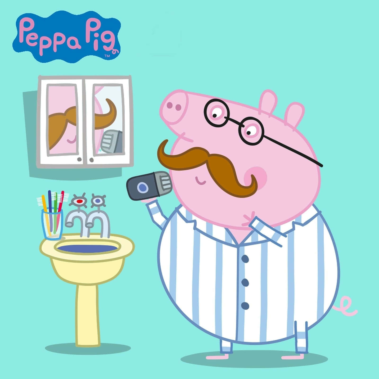 Daddy Pig 桌布 壁紙 — 一隻戴眼鏡和鬍子的卡通豬在一個有黃色洗手台和鏡子的浴室裡刷牙。