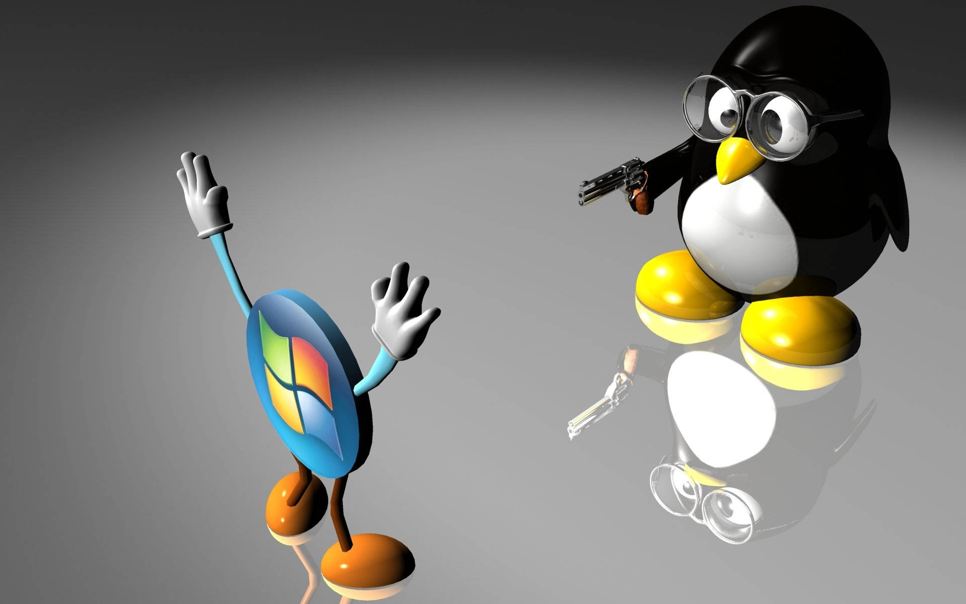 Linux 桌布 壁紙 — 一隻戴眼鏡的3D渲染企鵝拿著槍，面對一個揮手的Windows標誌角色，站在灰色反光表面上。