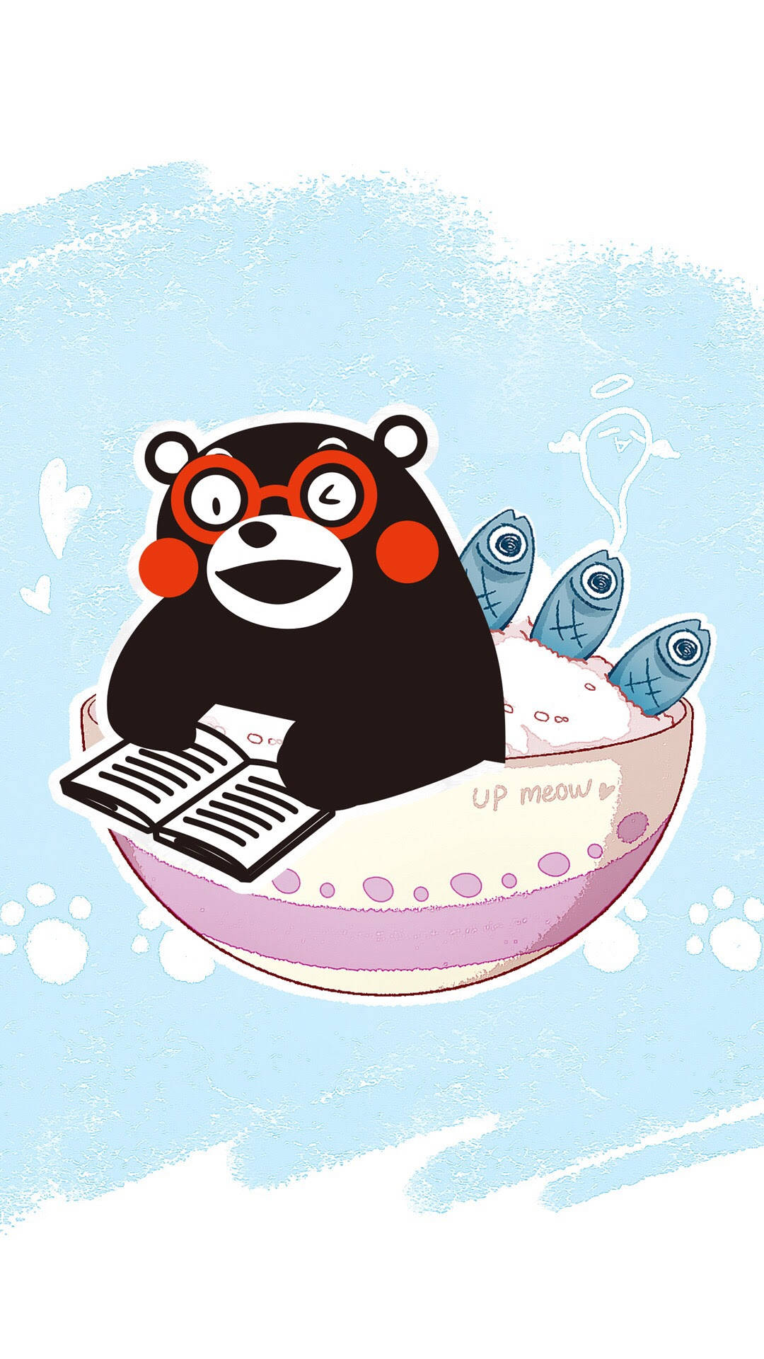 Kumamon 桌布 壁紙 — 一隻戴眼鏡的卡通熊在一個裝滿米飯和魚的粉紅色碗裡看書，漂浮在淺藍色背景上。