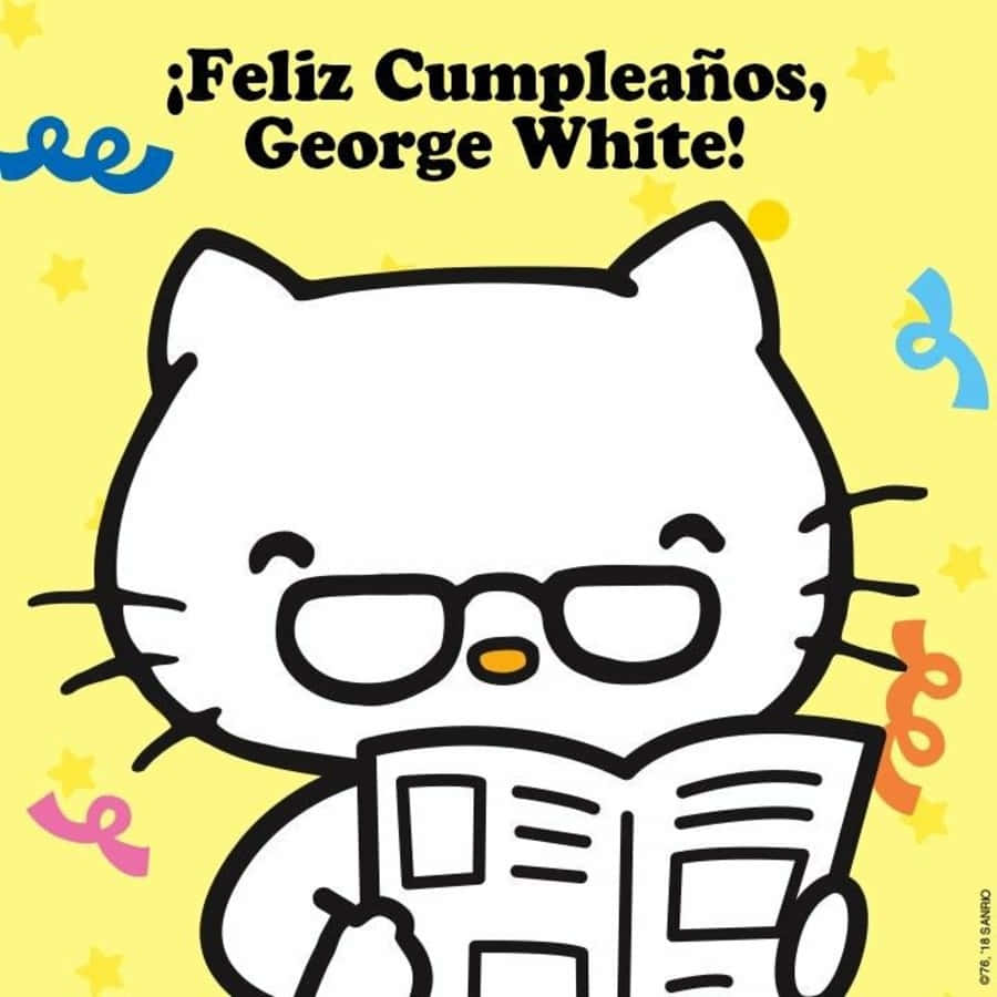 George White 桌布 壁紙 — 一隻戴眼鏡的快樂卡通貓在明亮的黃色背景上閱讀報紙，背景上有節日星星和絲帶。