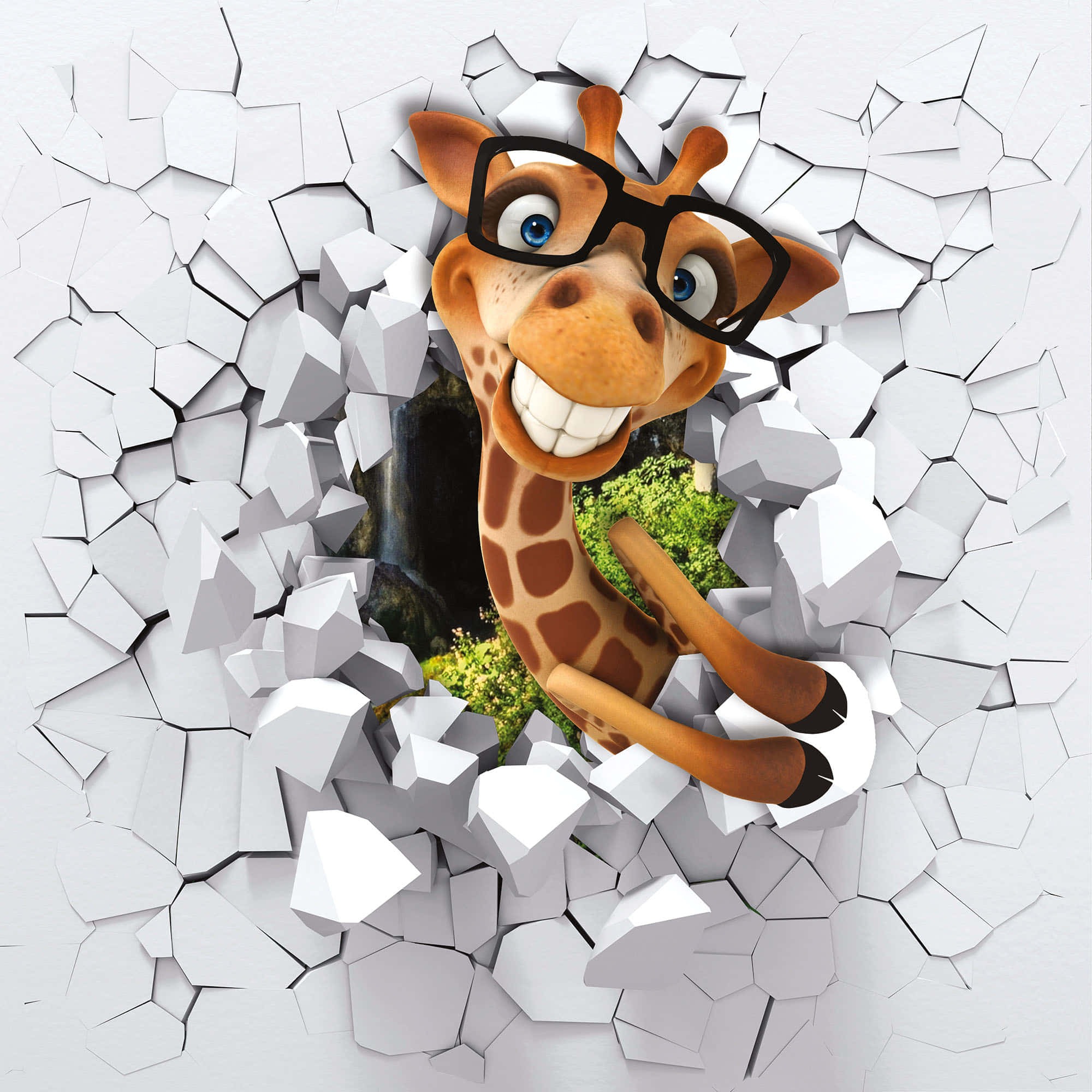 動物 桌布 壁紙 — 一隻戴眼鏡的快樂卡通長頸鹿衝破一道裂開的白牆，露出後面的綠色樹葉。
