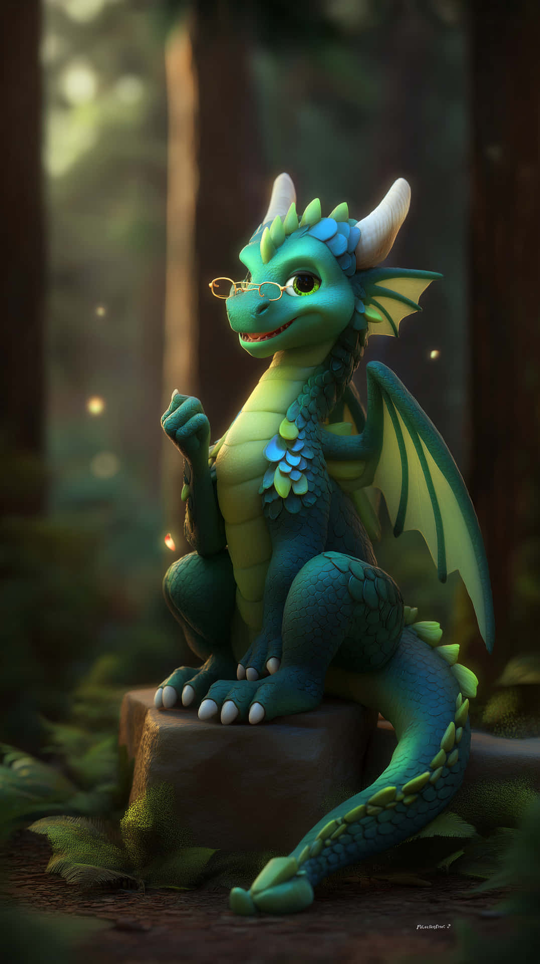 Intelligent Dragon Resting Peacefully on Stone in Woods 壁紙 — 一隻戴眼鏡的快樂綠色龍坐在陽光普照的森林中長滿苔蘚的樹樁上，翅膀摺疊，尾巴捲曲。