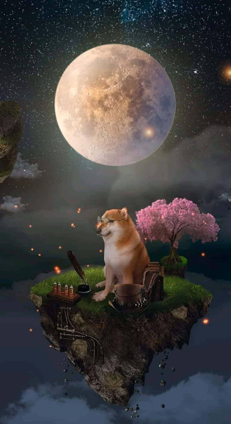 Cheems 桌布 壁紙 — 一隻戴眼鏡的柴犬坐在漂浮島上，島嶼位於巨大月亮下，旁邊有粉紅櫻花樹和蒸氣龐克齒輪。