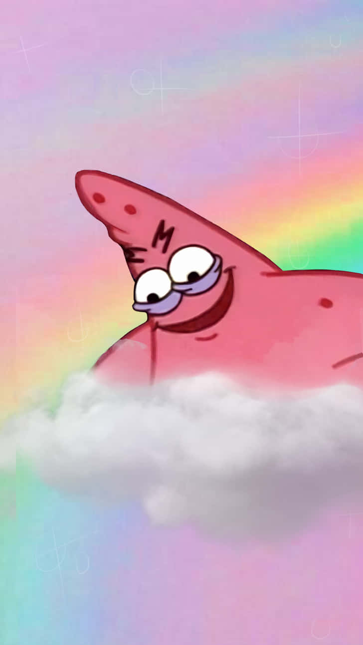 spongebob squarepants 桌布 壁紙 — 一隻戴眼鏡的開心粉紅色海星在 fluffy 雲上休息，背景是粉彩彩虹天空。