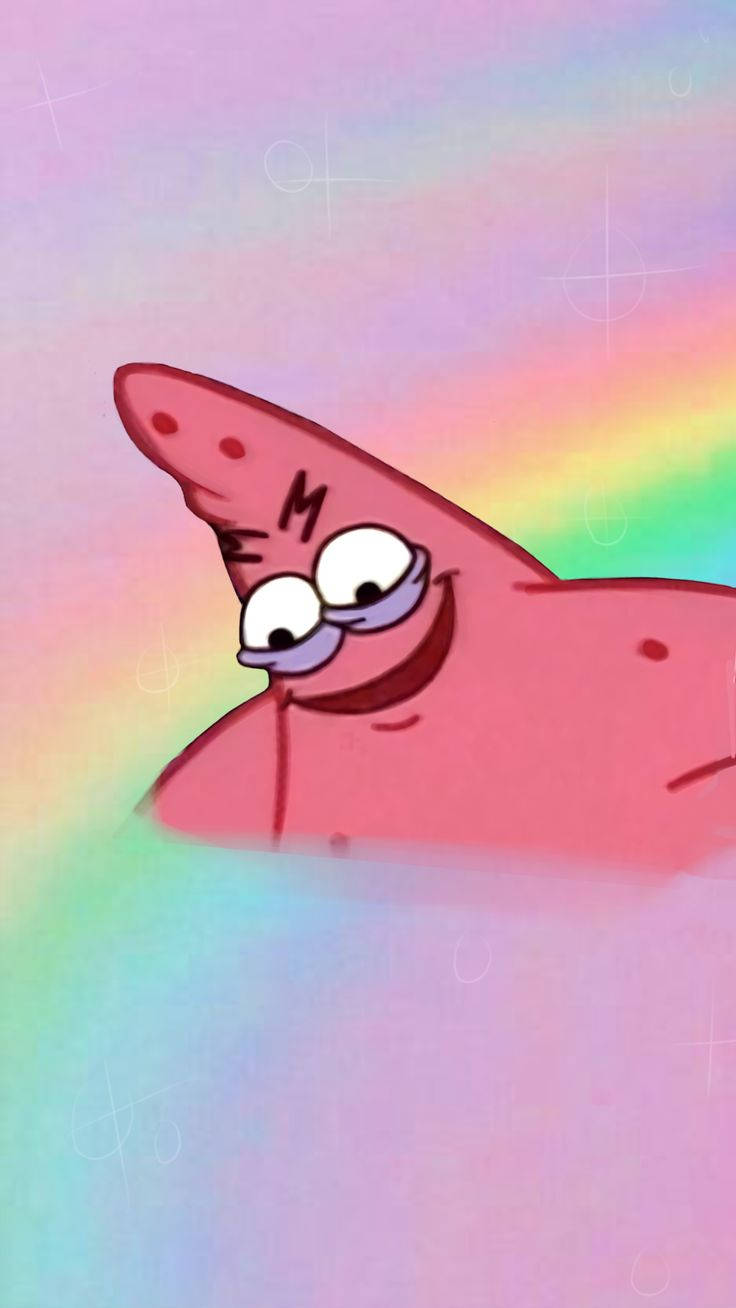 Funny Spongebob 桌布 壁紙 — 一隻戴眼鏡的開心粉紅色海星在柔和的彩虹漸變背景上微笑。