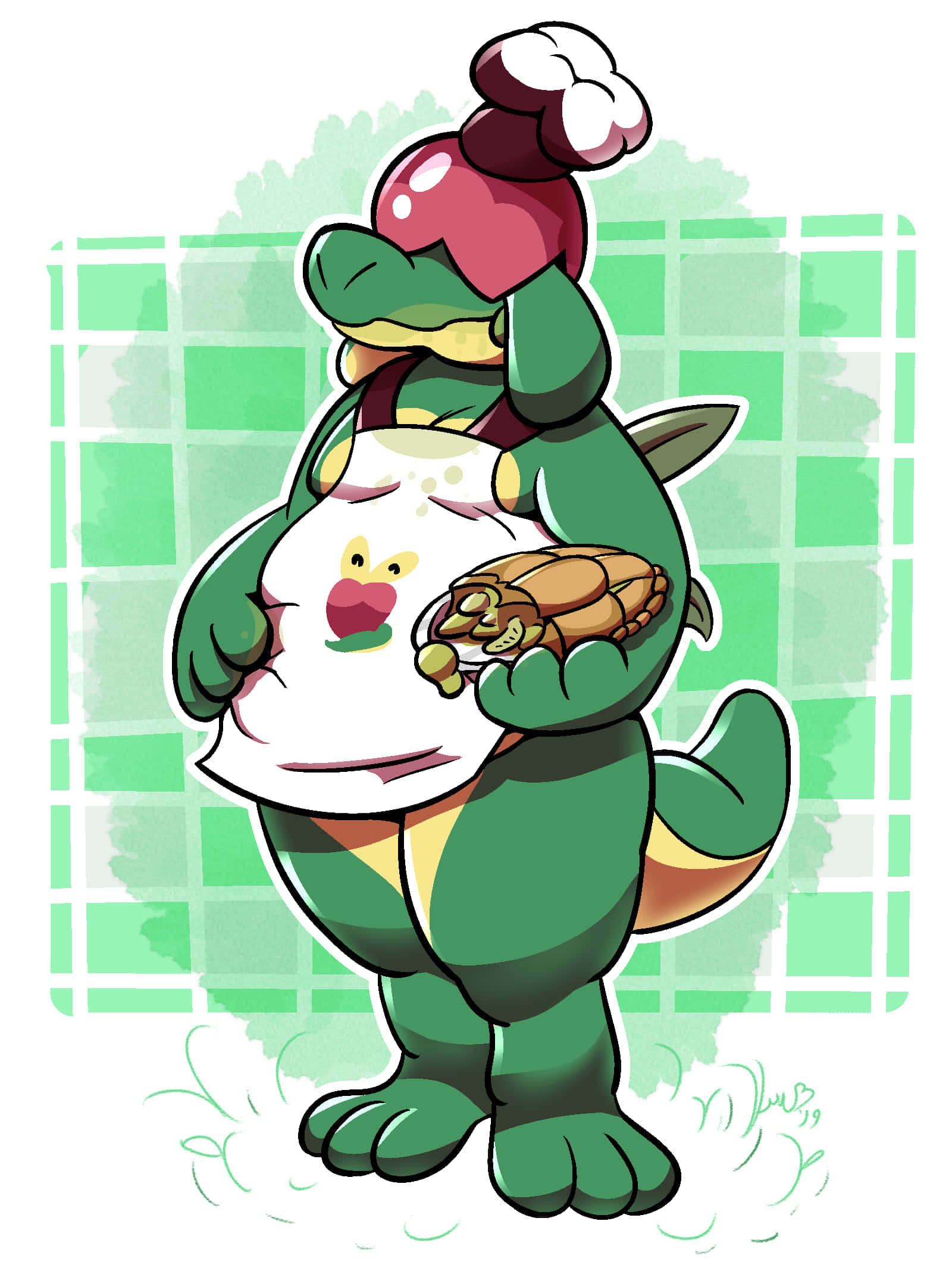 Dragon Kawaii Cute 桌布 壁紙 — 一隻戴紅帽、穿白色圍裙、開心的綠色卡通鱷魚廚師，拿著一隻煮熟的烏龜，圍裙上有笑臉。