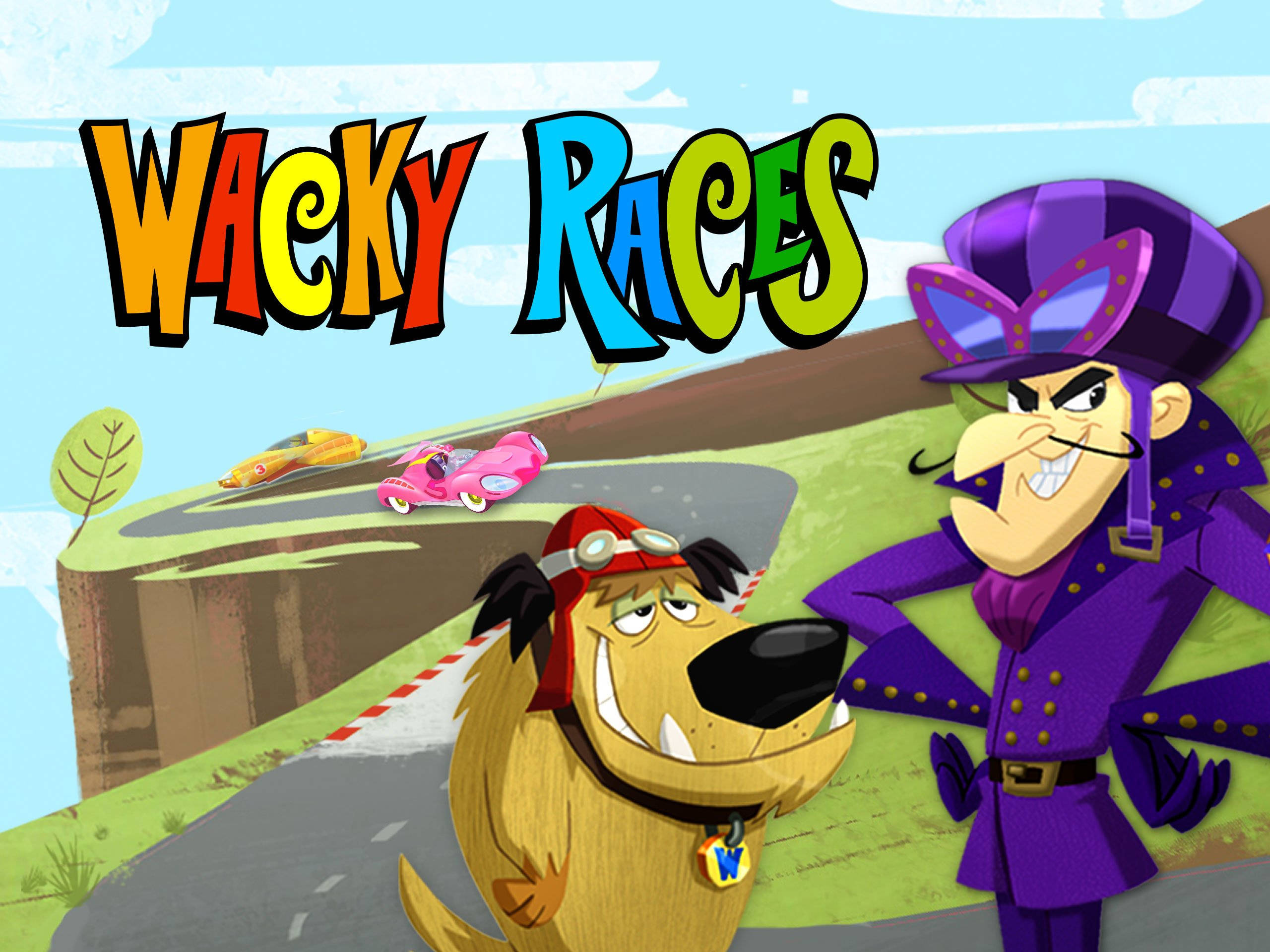 Muttley 桌布 壁紙 — 一隻戴紅帽和護目鏡的卡通狗，在蜿蜒的懸崖路上與一輛粉紅色賽車競速，而一個穿紫色西裝的反派正冷笑旁觀。