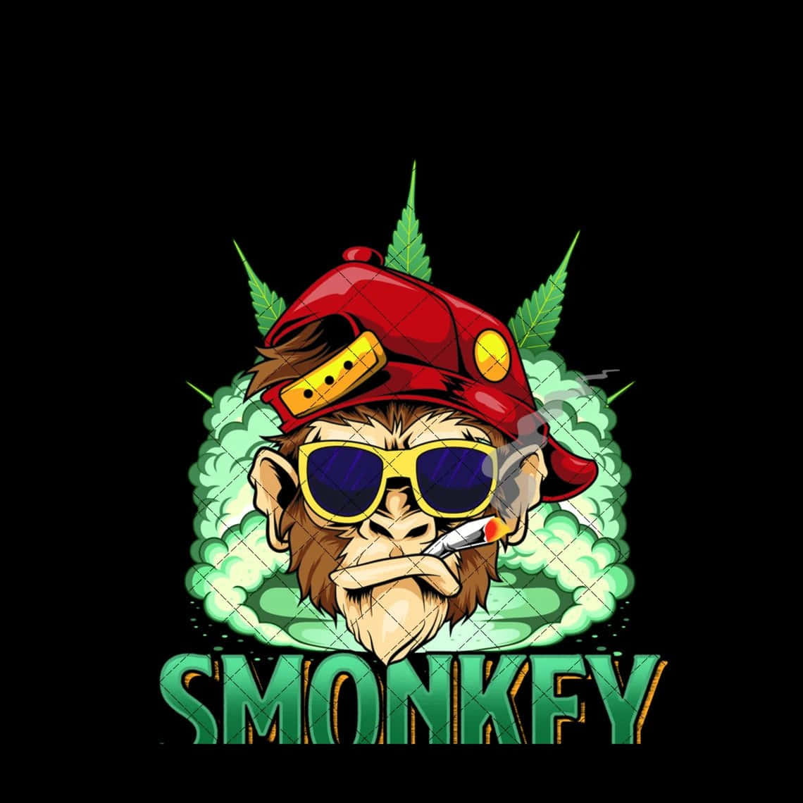 Weed Funny 桌布 壁紙 — 一隻戴紅帽和黃色太陽眼鏡的卡通猴子，在綠色煙霧和大麻葉環繞下抽大麻煙。