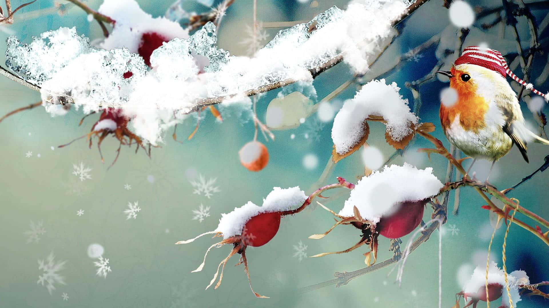 可愛聖誕風格 桌布 壁紙 — 一隻戴紅帽的快樂知更鳥棲息在灑滿雪的樹枝上，樹枝上有鮮紅的漿果，背景是柔和的青綠色冬日背景。